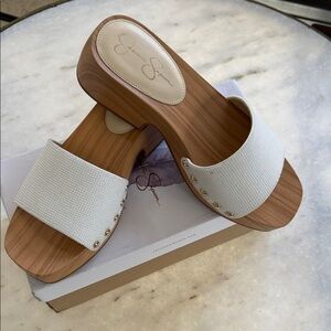 Jessica Simpson White and Tan Mules